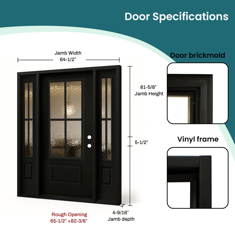 64 po X 80 po Porte d'entrée en fibre de verre noire avec verre martelé et deux panneaux latéraux InsWing, Gauche