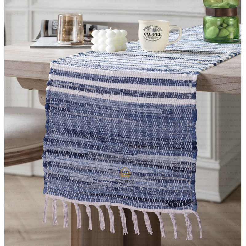 Handmade Cotton Tabletop Reversible & Machine Washable Table Runner, Denim, 18" W x 72" L