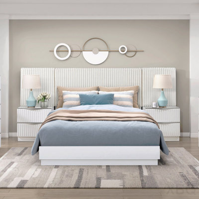 Luxurious Pearl White Finish 5pc California King Wall Bed Set Soft Upholstery Headboard Panel Glam Bedroom Furniture