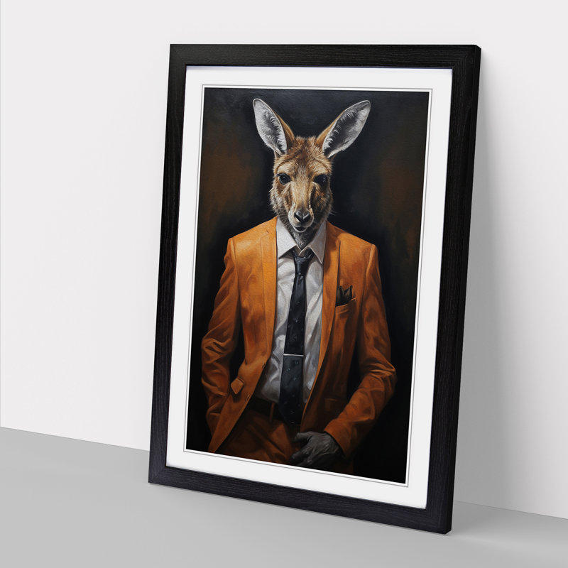 Kangaroo In A Suit Painting - Single Picture Frame Print on Wood, Black Framed, 46cm H x 34cm W x 2cm D