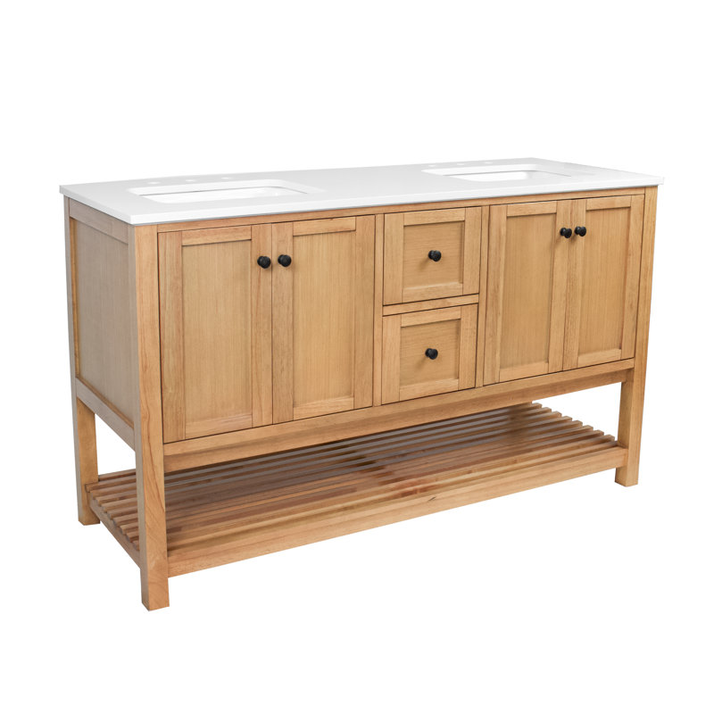 Ensemble de meuble-lavabo double 60 po Binne, Blanc d'ingénierie, Blond