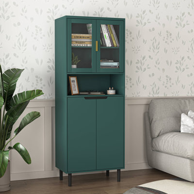 Bibliothèque de rangement haute en verre trempé avec panneau réglable, armoire à 4 portes en panneau de fibres à densité moyenne, rangement dans la chambre à coucher