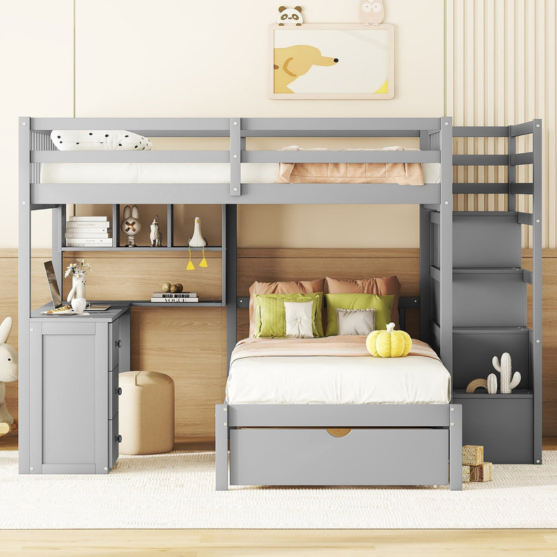 Lit superposé avec bureau, tiroirs et tablettes, Gris