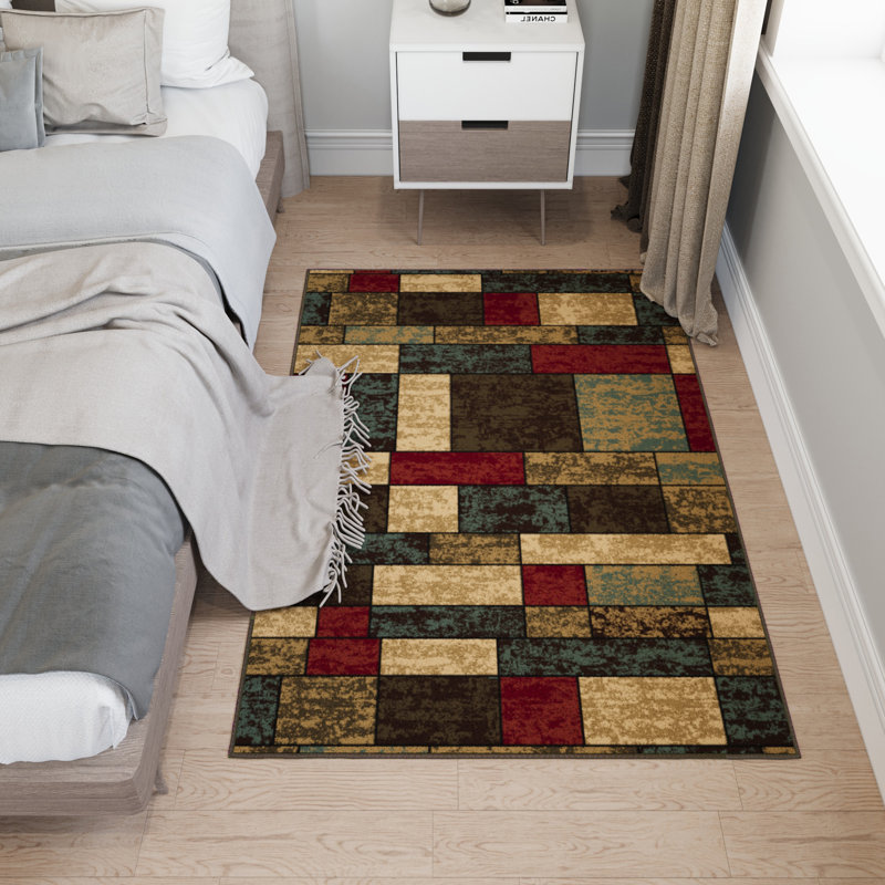 Ottohome Non-Slip Boxes Area Rug For Living Room, Hallway, Entryway Rug, Rectangle 3'3" x 5'