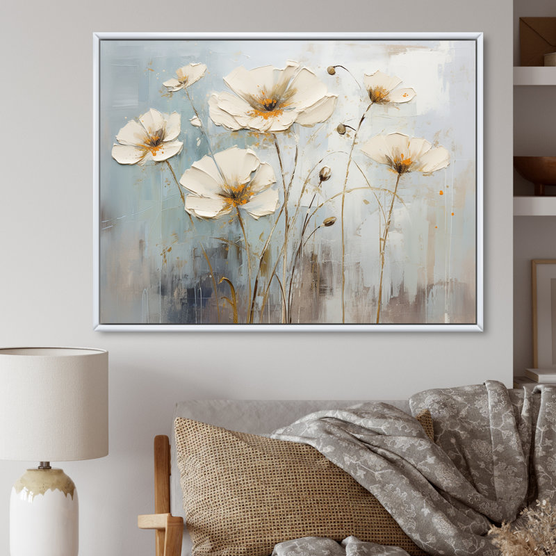 Élégant beige et gris Buttercups Meadow - Buttercups Wall Art Living Room, Cadre flottant blanc, H 30 po x l 40 po x P 1,5 po