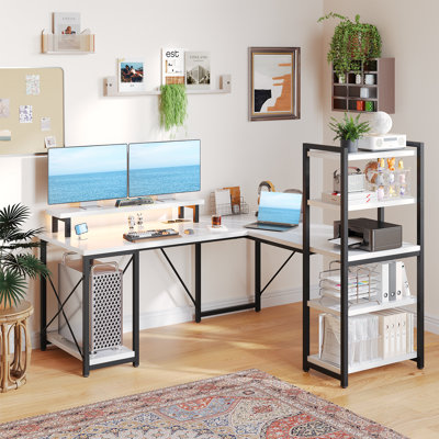 140cm W L Shape Desk Computer Gaming Desk With Power Outlet 5 Rows Shelves Computer Desk With Monitor Stand Home Office Desk