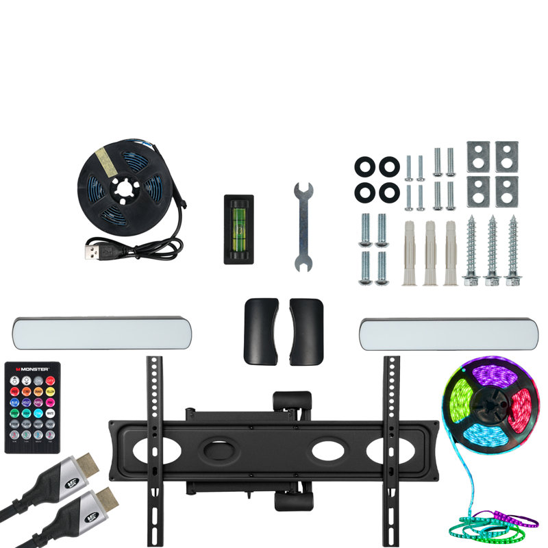 Black Full Motion TV Wall Mount with RGB Lighting Kit for 32-70" Screens