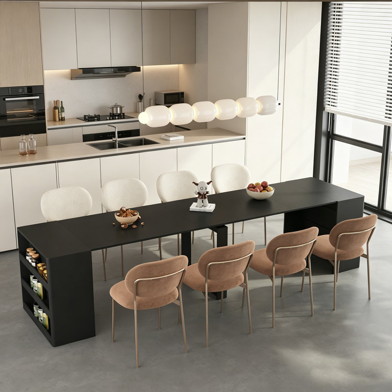Console extensible de 123 po avec tablettes de rangement, pouvant accueillir jusqu'à 10 personnes (table seulement), Noir