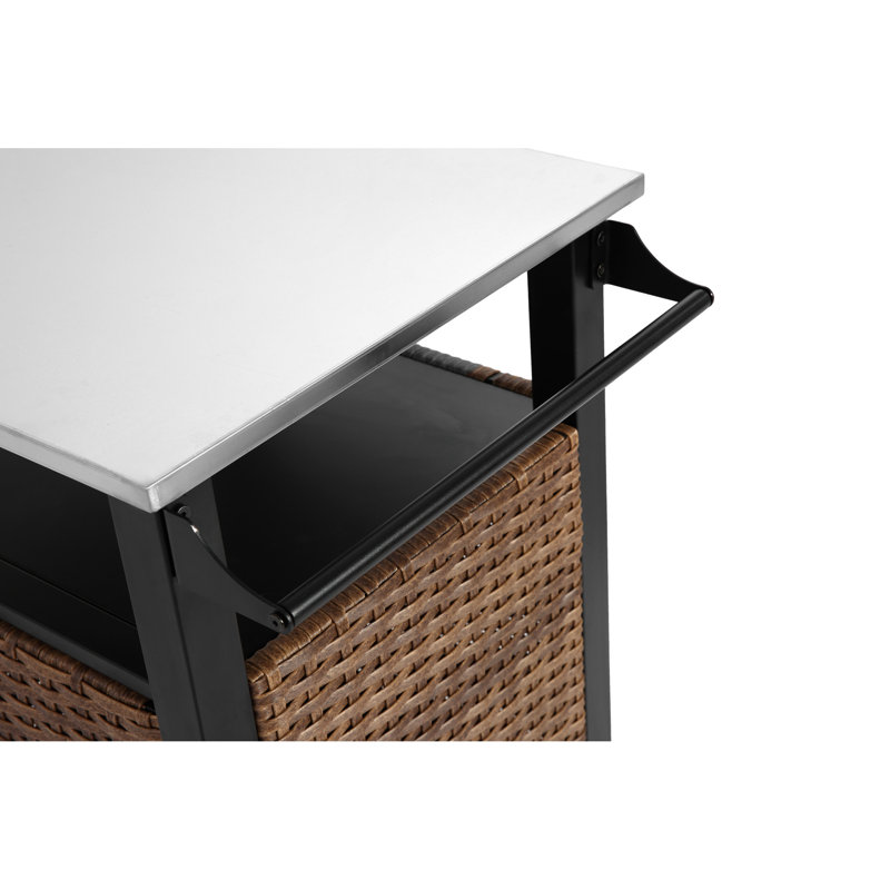 Chariot roulant brun: armoire de cuisine extérieure avec plateau de table en acier inoxydable et tiroir de rangement à une porte