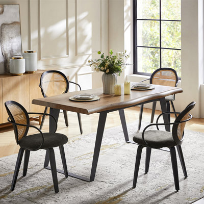 Delmas 19.5W Mid-Century Modern Rattan Accents Dinning Chair Set with Solid Wood Legs Set of 4