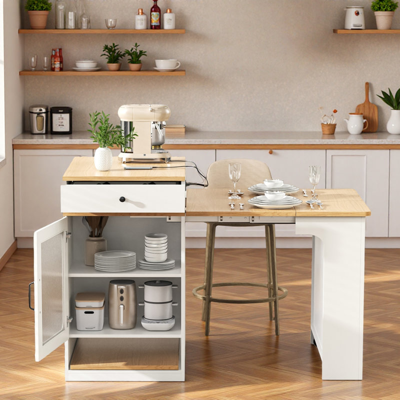 Îlot de cuisine avec table de salle à manger extensible, rangement double face, 2 tiroirs, prise de courant et tablettes latérales ouvertes