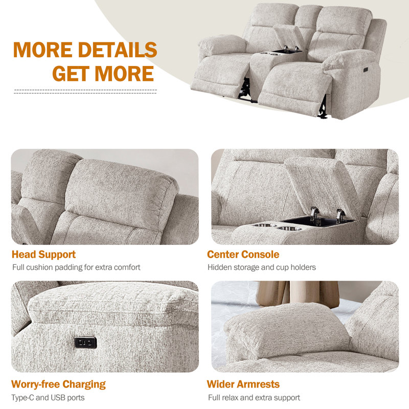 Callendale 79.5"W Power Reclining Sofa With Type-C, USB Charging Ports, Cup Holders, Light Gray