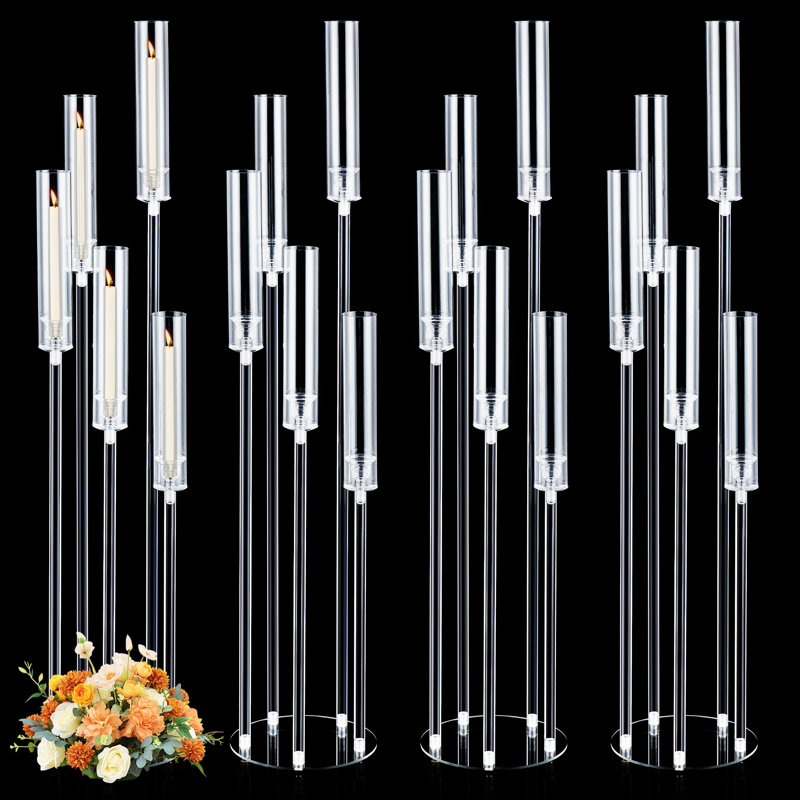 4Pcs 45.7''Tall 5 Arm Acrylic Candelabra Centerpieces for Tables, Clear Candle Holder for Wedding, Floor Candelabro Holders for Ceremony Birthday Party Home Decoration Fit 0.8 LED Candles(No Candle)
