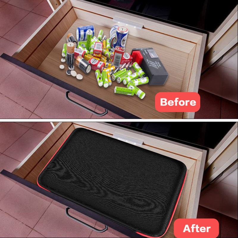 Graffias 9" W Battery Organizer Storage Case with Tester, Black/Red