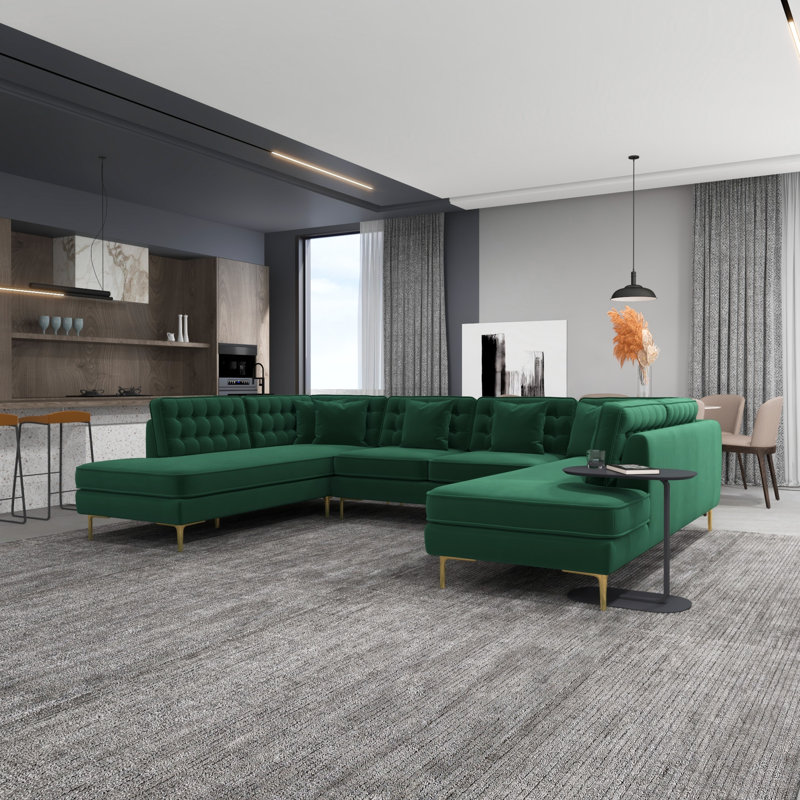 Tyne Velvet U-Shaped Sectional Symmetrical, Green Velvet