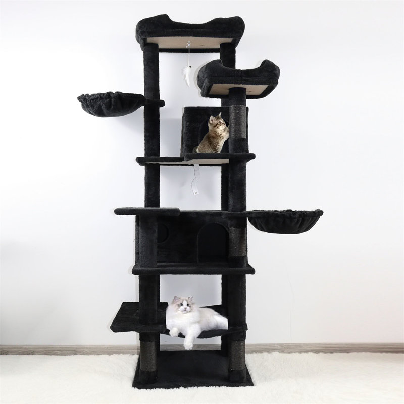 Tour pour chat à plusieurs niveaux avec hamacs, panier suspendu, grotte pour chat, coussin amovible et poteaux à griffes