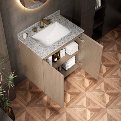 Meuble-lavabo de salle de bain 36 po Doin, meuble autoportant, comptoir en granite et lavabo en céramique avec 3 trous de robinet pré-percés, démonté, sans robinet, ensemble de drain et couvercle d'évier, grain de bois Heidelberg