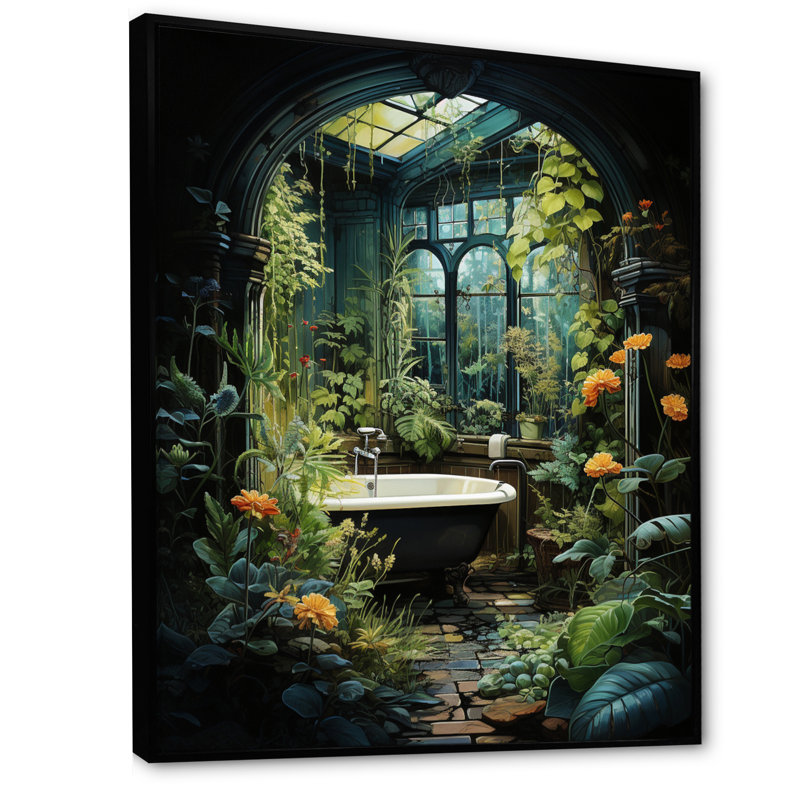 «Kyriel Bathroom Botanical Retreat I», reproduction sur toile encadrée, H 32 po x l 16 po x P 1 po, Cadre flottant noir