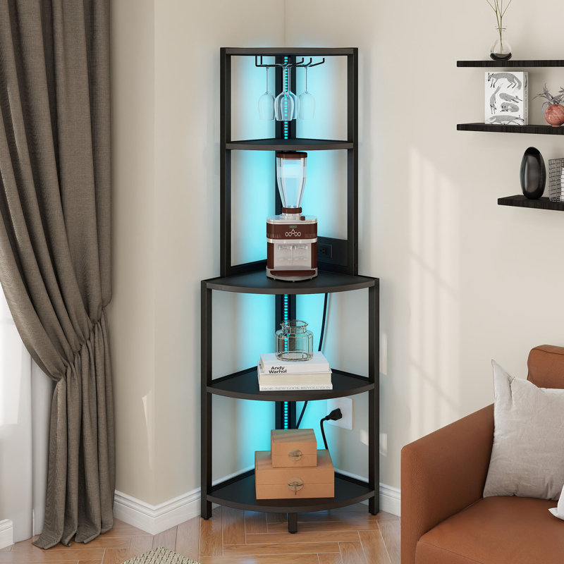 Brodric Modern Open Display Corner Bar with Colorful LED Light & Music Control, Black