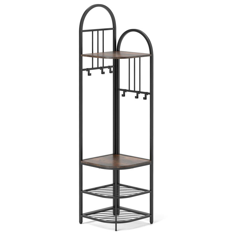 4-tier Coat Rack Corner Hall Tree With Shoe Storage Bench 6 Removable Hooks Bedroom, Brown/Black