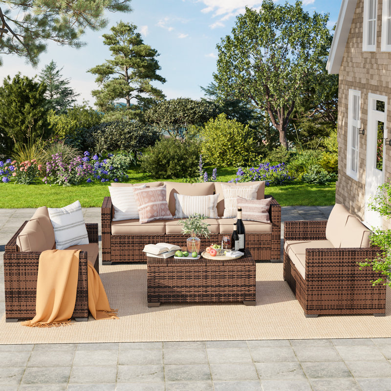 Azoriah 7-Person Wicker Outdoor Seating Group with Storage, Khaki