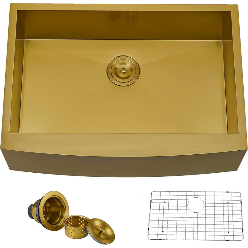 33X21 Inch  Farmhouse Kitchen Sink Apron Front Single Bowl, Gold