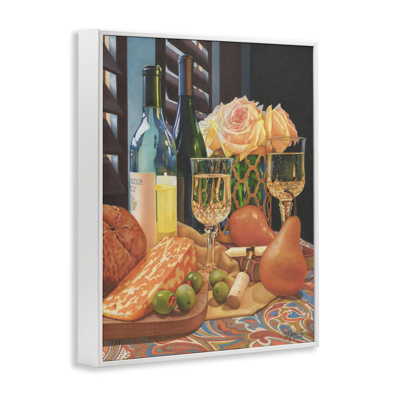 Art romantique du vin et du fromage par Mardell Schuster, Estampe numérique encadrée blanc bord de mer, H 14 po x l 11 po