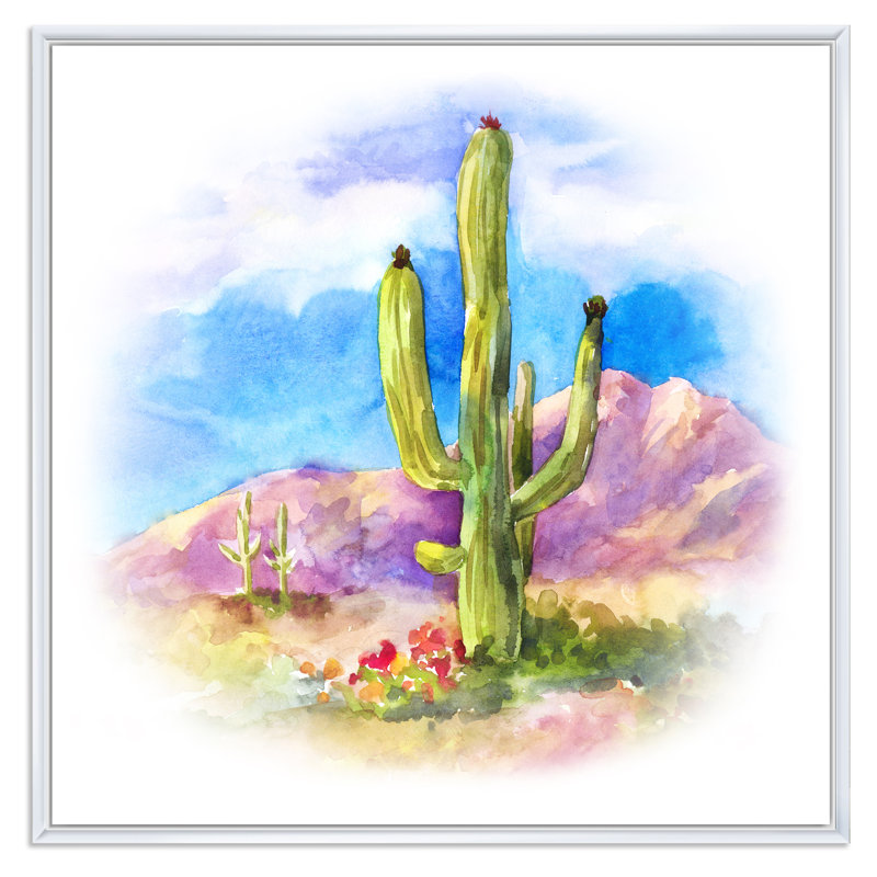 Cactus carnegiea dans le dessert - on, H 30 po x l 30 po x P 1 po, Toile encadrée flottée blanche