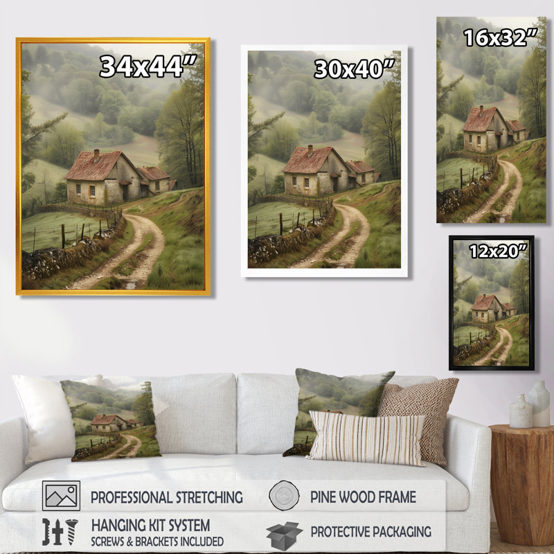 «Green Green Vintage Summer Farm Cottage I», art mural paysage français, Cadre flottant brun, bois massif, H 30 po x l 40 po