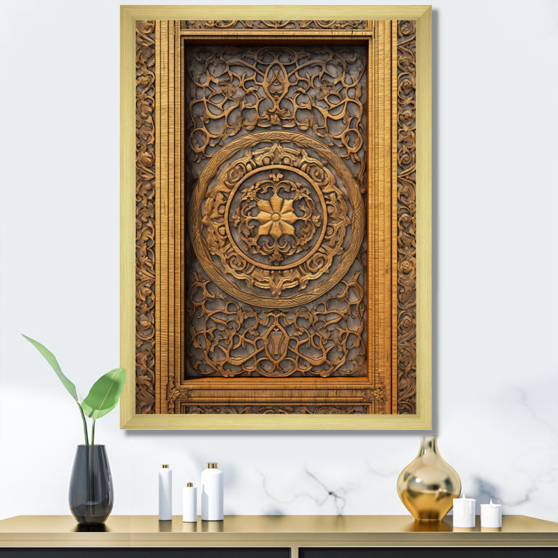 Vieille porte en bois sculpté II - porte de ferme, impressions sur toile florales, Cadre doré à une seule photo