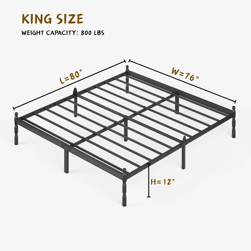Cadre de lit King Size en métal noir de 30 cm de haut, matelas antidérapant, facile à assembler., Très grand lit, 12"
