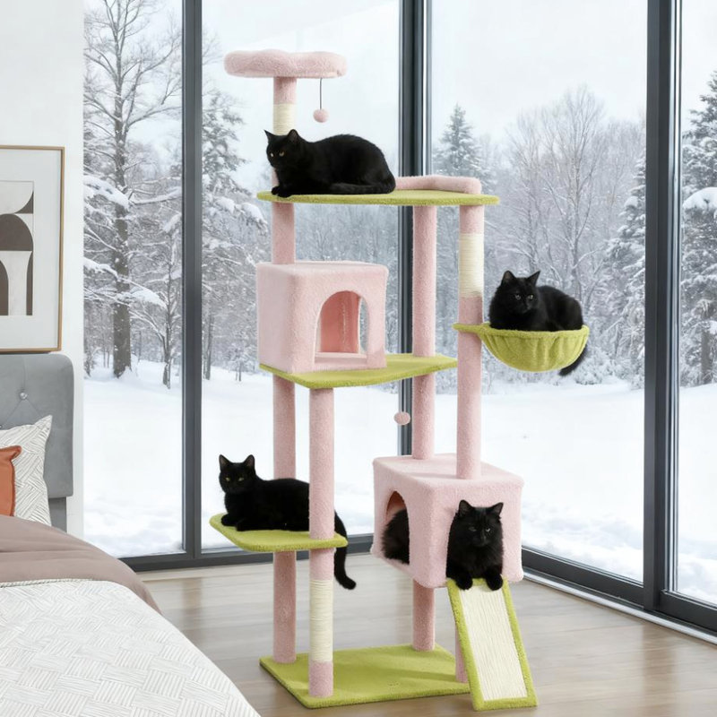 Arbre à chat de 73,6 po, conception de fantaisie florale, deux condos et grattoir, grand arbre à base élargie avec fantaisie, convient à 2 3 chats, zones à grattage multiples, stabilité de la sangle de pointe
