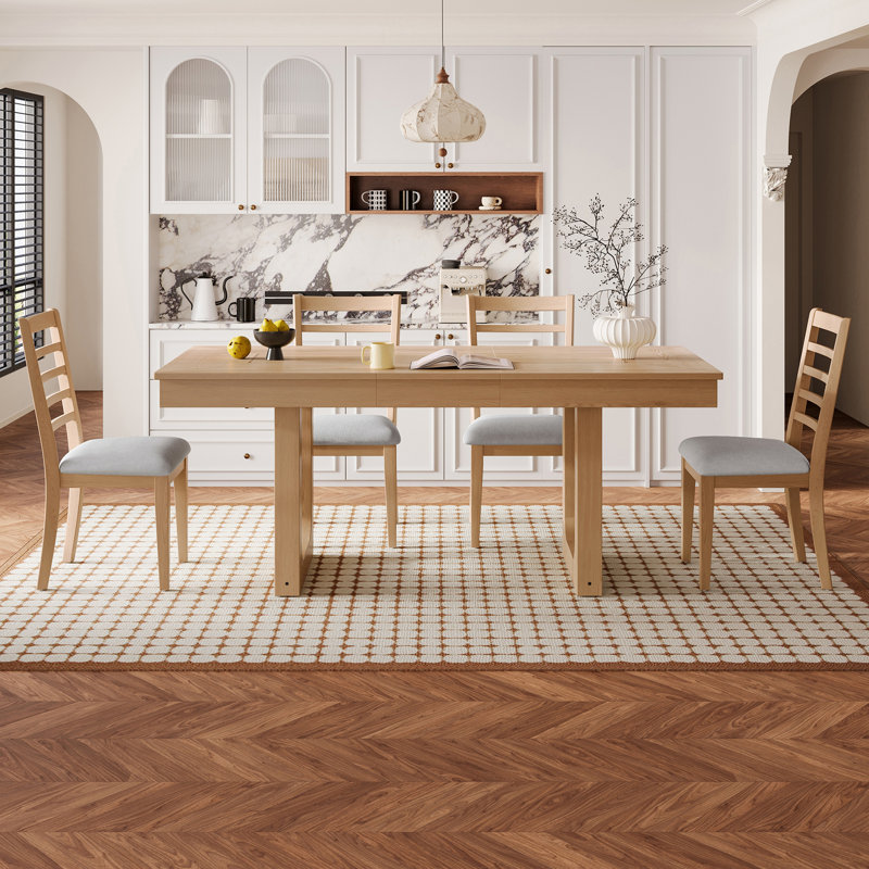 Ensemble de table de salle à manger extensible 5 pièces avec rallonge et 4 chaises rembourrées, Natural, Natural, Natural