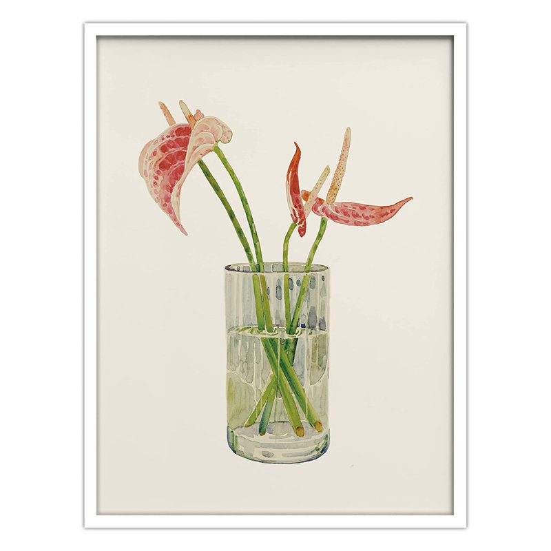 Fleurs rouges d'anthurium dans un vase - peinture encadrée, Blanc
