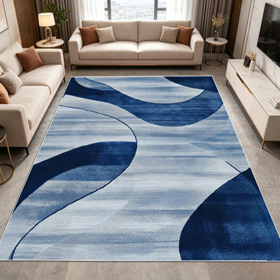 1PC Modern Abstract Wavy Navy Blue & White Geometric area rugs for Living Room, Soft and Comfortable, Suitable for all seasons, easy-to-maintain, machine washable Indoor floor mat, Under Table Farmhouse suitable for dining room, bedroom, entryway,