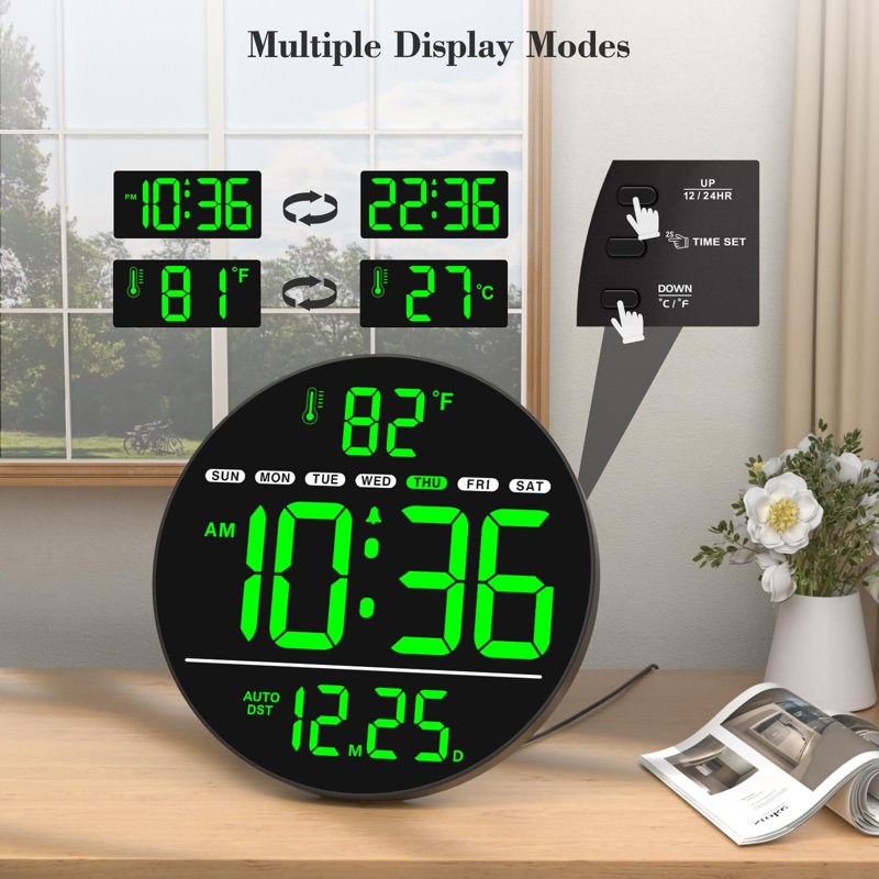 Horloge murale numérique avec affichage à DEL, horloge murale électrique avec température, Green