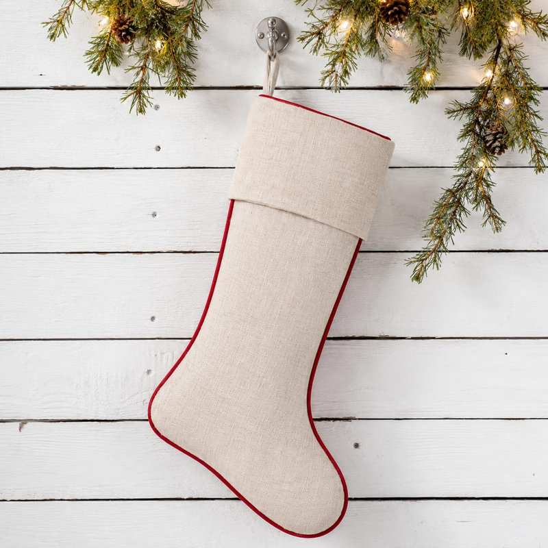 Chaussette de Noël rustique en lin naturel à motif passepoil rouge l 7 po x L 15 po, Red