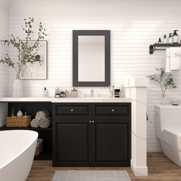 Wooden Minimalistic Rectangle Wall Mirror, Black, 36" x 24"