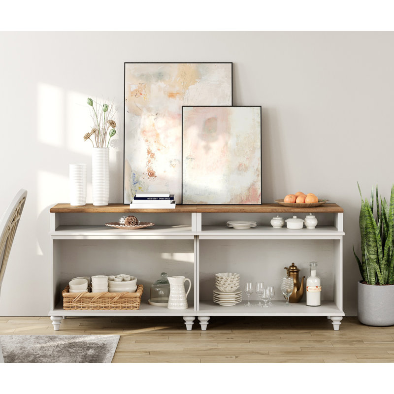 Buffet avec 4 rangements, design grain de bois rétro, armoire avec tablette de rangement, blanc, 75 pouces