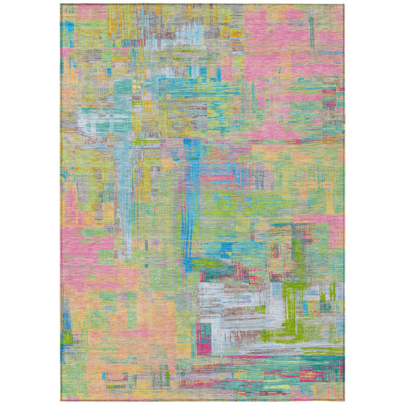 Tapis extérieur lavable abstrait rose lime et bleu ciel 5 pi x 8 pi