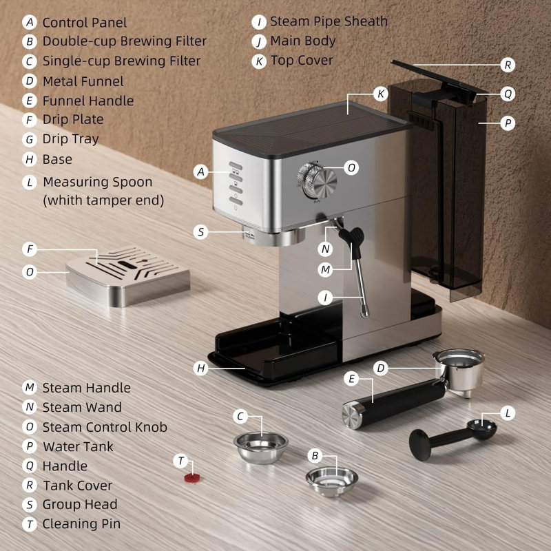 Machine à espresso COWSAR à 20 barres, cafetière en acier inoxydable avec mousseur à lait, buse à vapeur, contrôle PID, réservoir d'eau amovible de 40 oz