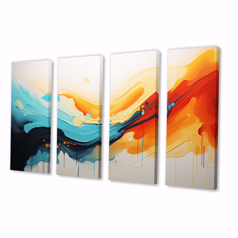 «Yellow Fractal Paint Wave Expression II» - peinture abstraite, art mural 4 pièces, H 32 po x l 64 po