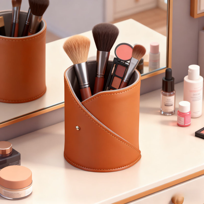 French Vintage Leather Desk Organizer For Pens, Pencils, Makeup Brushes - Multipurpose Storage Holder For Kids Room, Study, Vanity