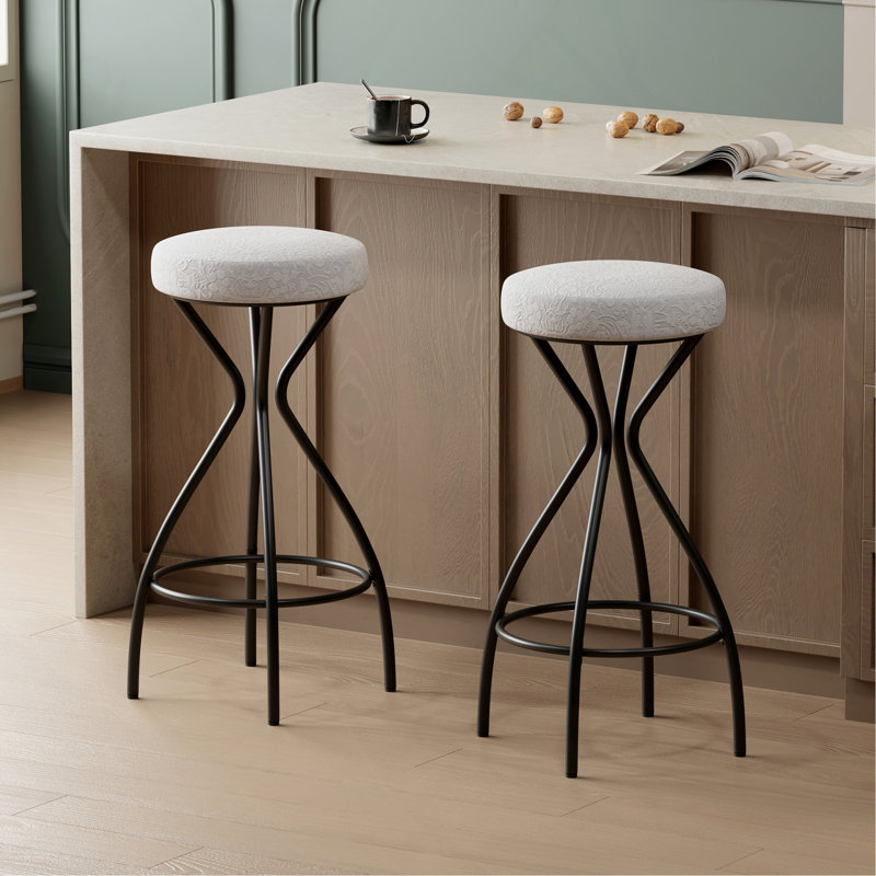 29'' Floral Print Counter Height Bar Stool With Footrest Set Of 2 Upholstered Round Barstools For Kitchen & Dining Room (White Print)