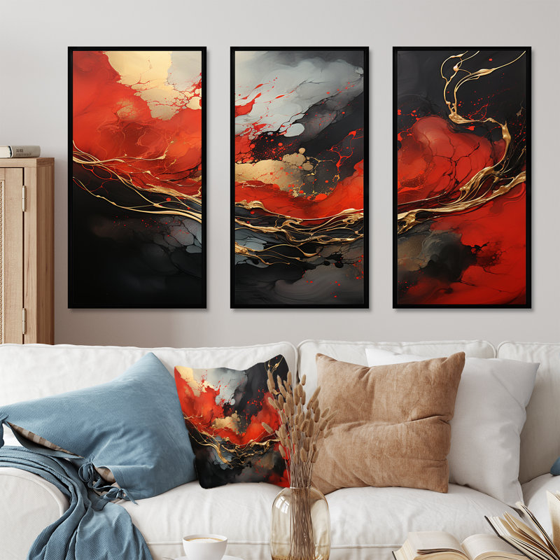 Rouge et or feu de marbre III - art mural abstrait, H 28 po x l 36 po x P 1 po, Cadre flottant noir