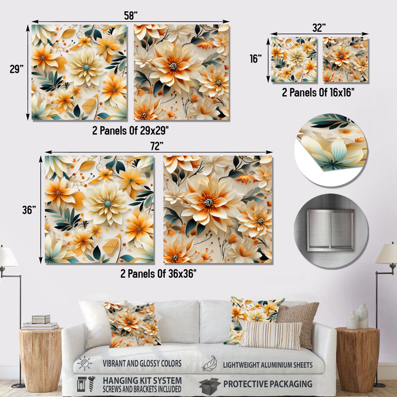 Lis - Ensemble de 2 carrés à motif floral en métal, H 16 po x l 32 po