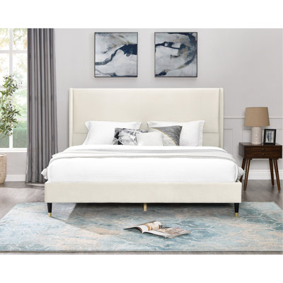 Beige Velvet Wingback Platform Bed, Queen, Cozy Feel Queen Easy Installation