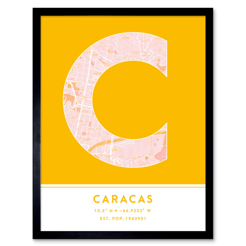 Caracas Venezuela City Map Yellow - Single Picture Frame Typography