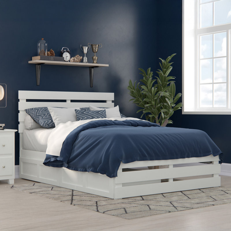 Lit plateforme avec rangement en bois massif Bridport, Blanc, Double