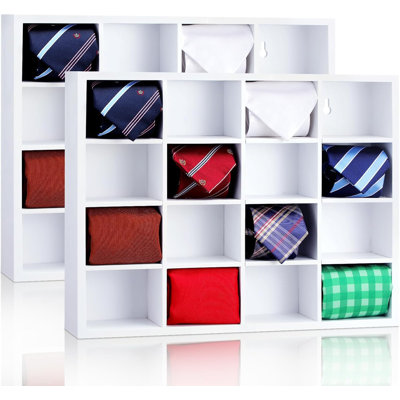Tie Box Organizer Wall Mounted Tie Rack With 16 Compartments,White Color,2 Pieces